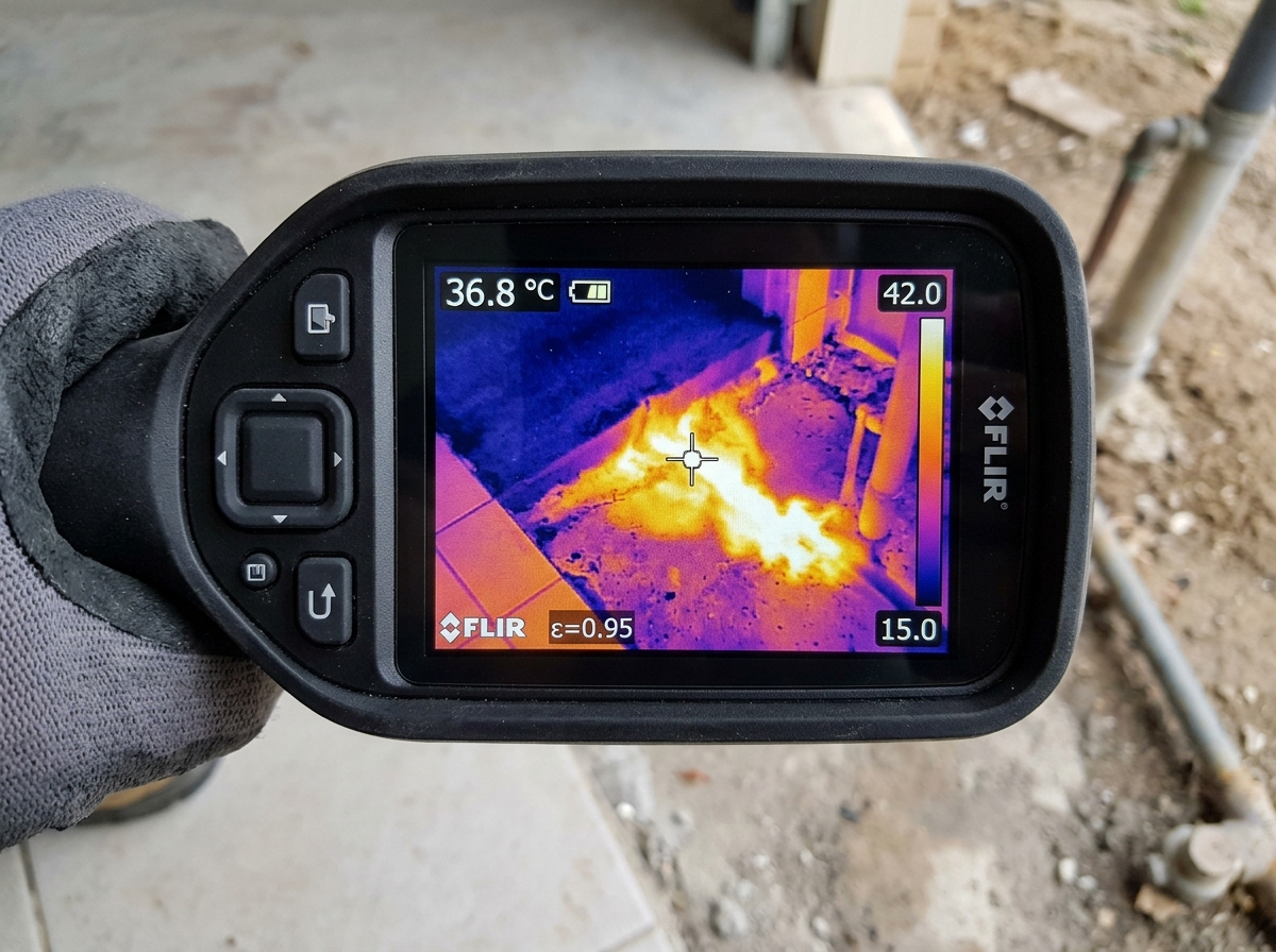 Thermal imaging view of hot water line leak under slab Mansfield TX